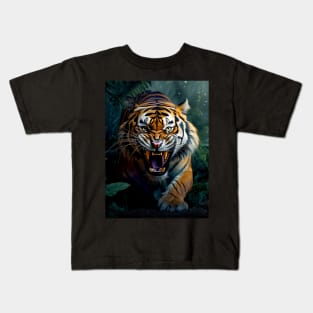 Growling Tiger coming out of the Dark Jungle Kids T-Shirt